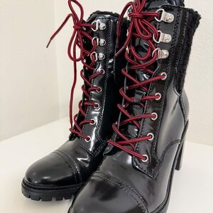 Nine West Phaedra Lace Up Black Leather Sherpa Top Boots 7.5M